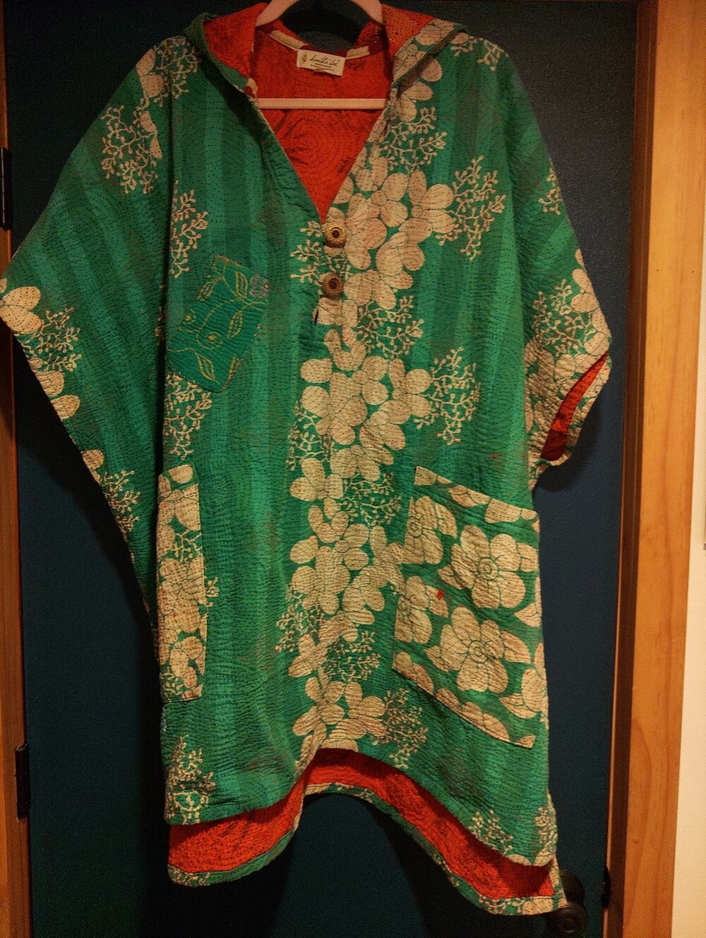 Kantha Bae Peace And Love Poncho Turquoise With Spiral Quilting